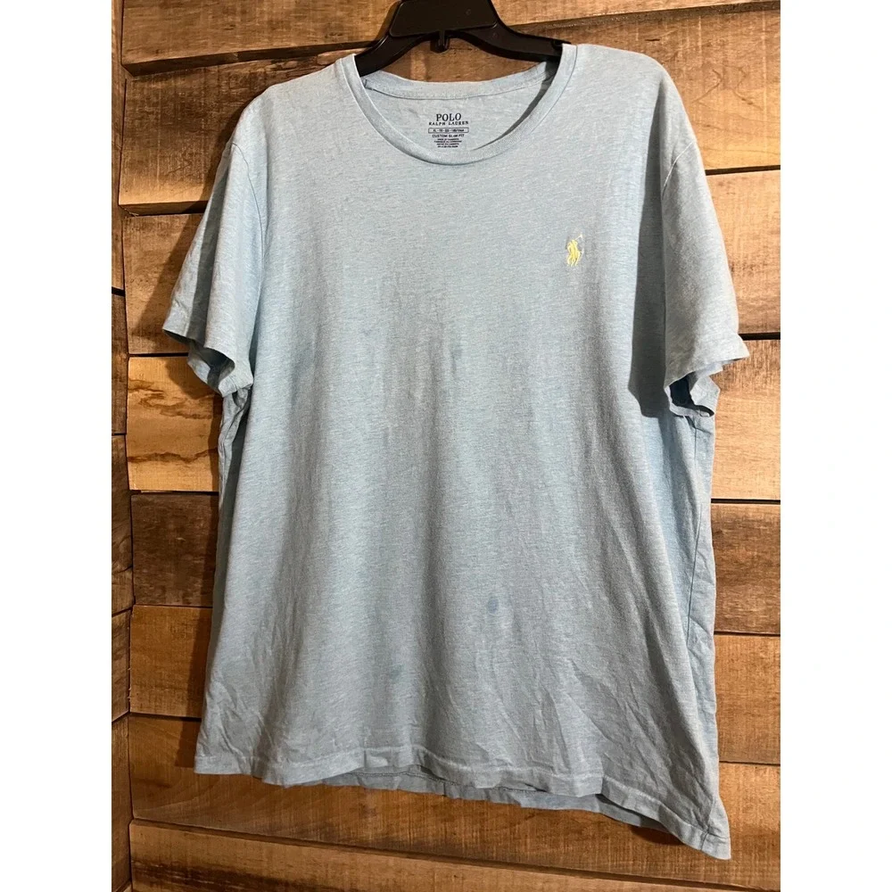 Polo Ralph Lauren Mens XL Custom Slim Fit T-Shirt Light Blue Heather Yellow Pony